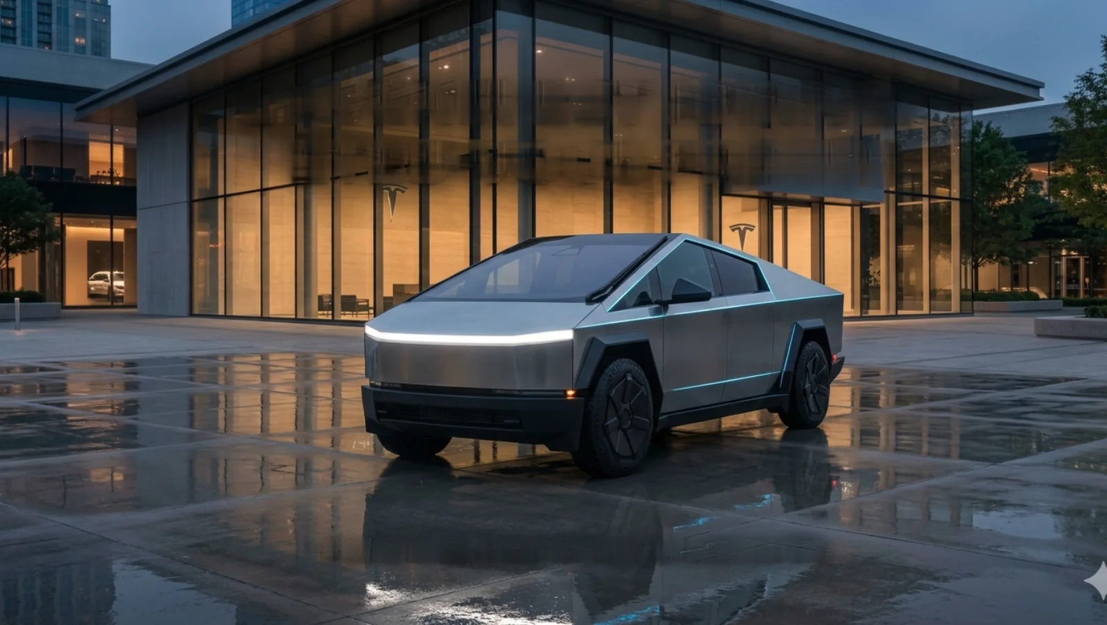 Stainless-steel 2025 Tesla Cybertruck on a wet plaza in front of a glass showroom at dusk (representative render)