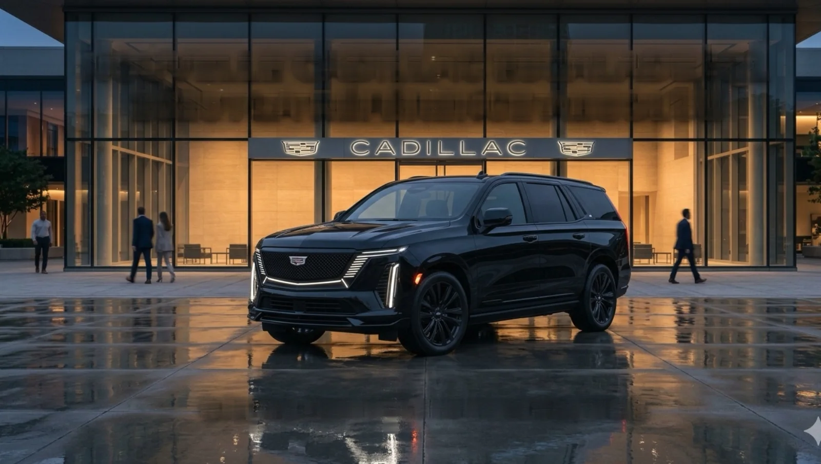 Black 2026 Cadillac Escalade IQL parked in front of a lit glass showroom at dusk (representative render)
