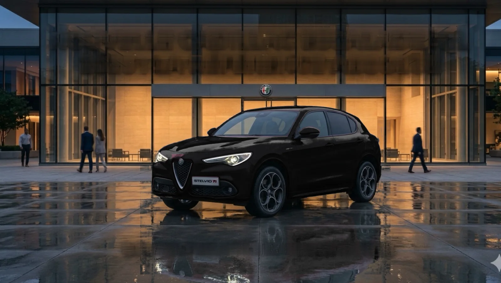 Glossy black 2020 Alfa Romeo Stelvio Ti parked in front of a lit glass showroom at dusk (representative render)